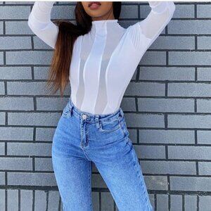 Night Club Gauze See Through Mock Neck Bodysuit Night Club Gauze See Through